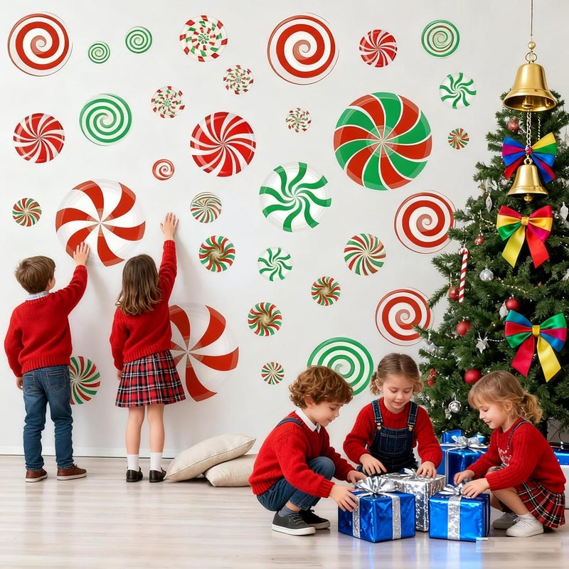 MagiMural 81PCS Candy Christmas Window Clings, Red Green 3D Wall Stickers, Xmas Candy Stickers Wall Decals for Glass Door Refrigerator Window Wall Home Office Decor, Winter Holiday Candyland Party Decorations - Image 2